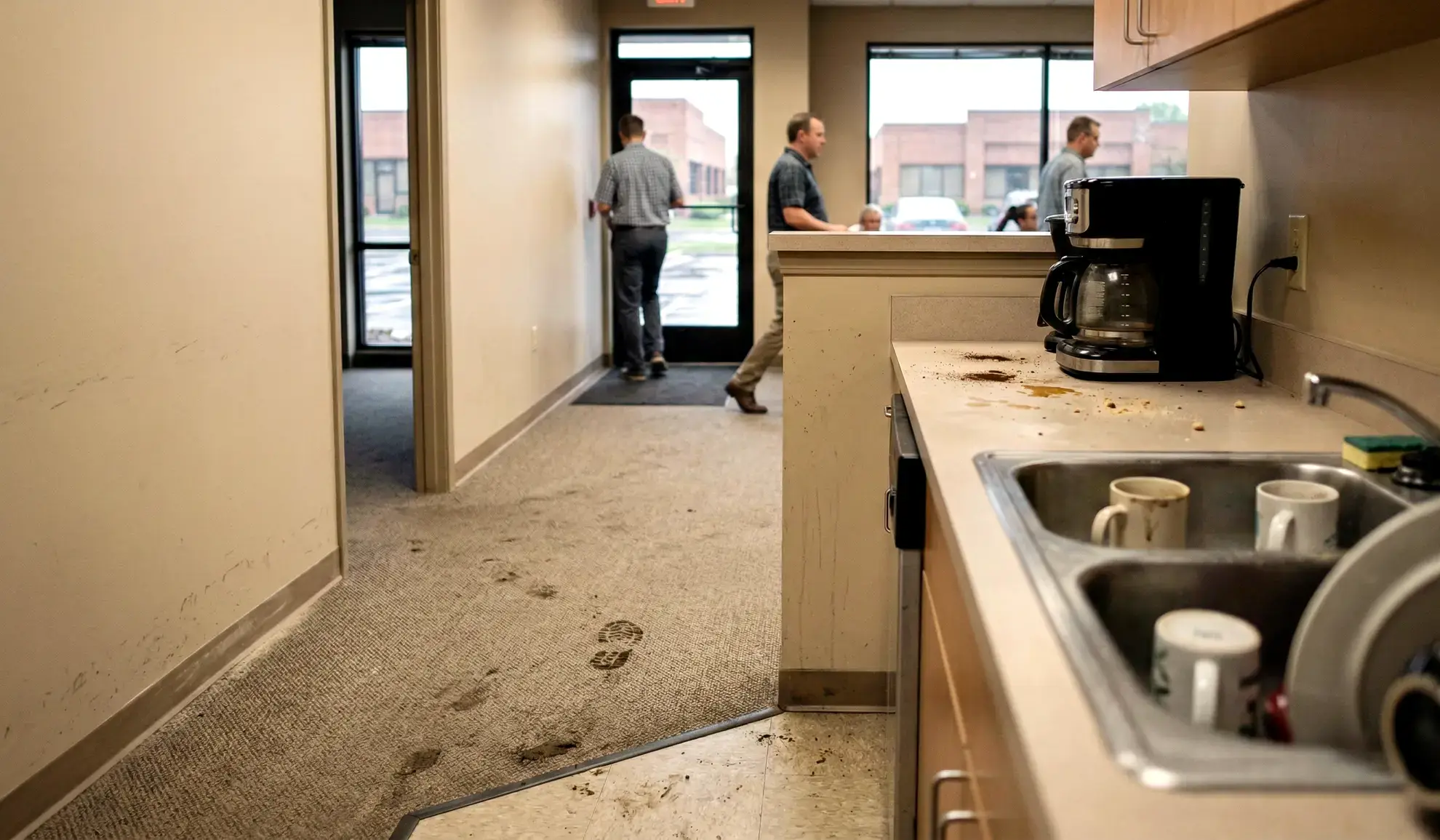 Messy office hallway with dirty floor.