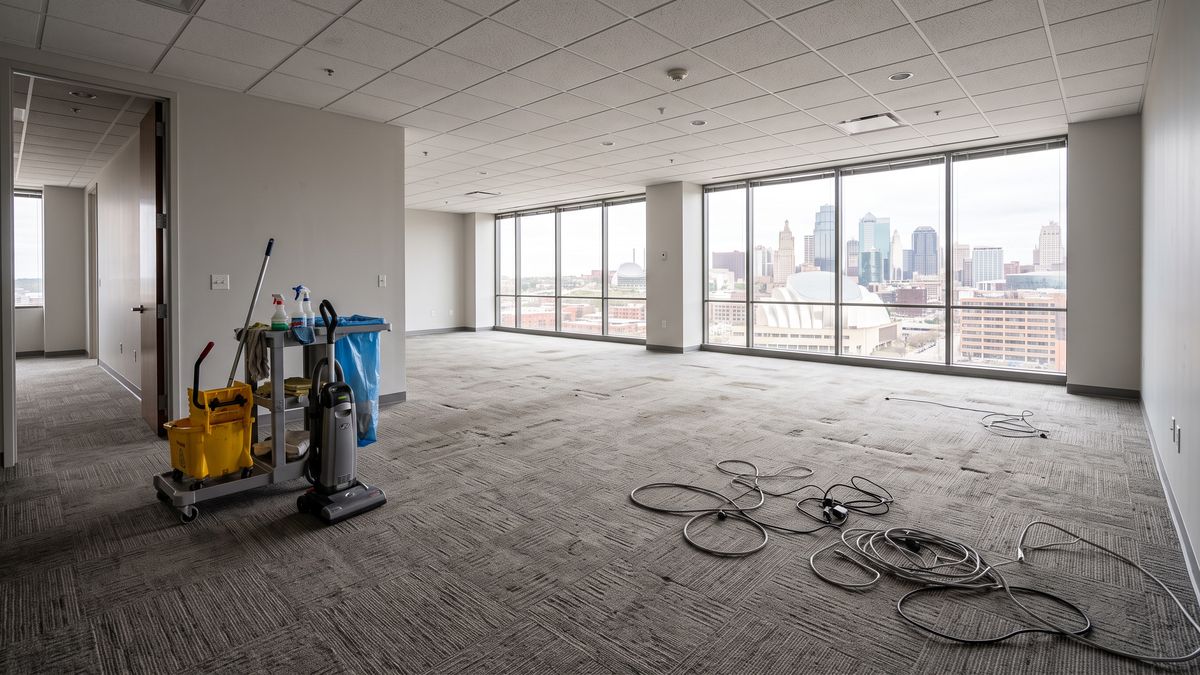 Empty Kansas City office suite on move-out day with a commercial cleaning cart and loose cables on the carpet