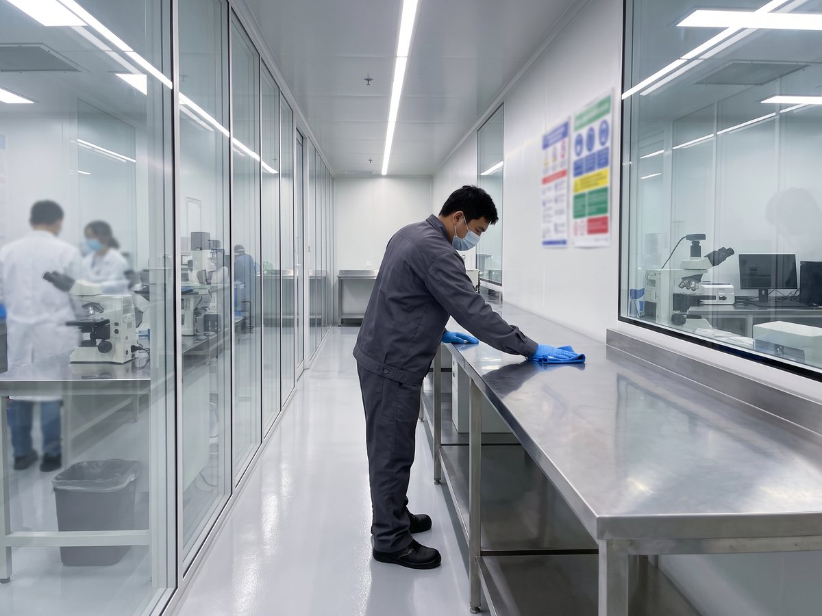 Cleaning technician in gloves and mask wiping a stainless-steel bench in a Lenexa life-sciences lab corridor