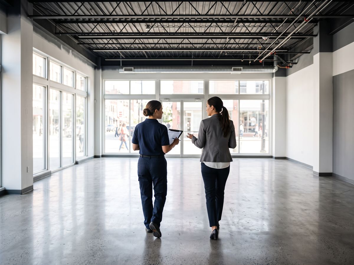 Property manager and cleaning supervisor walking an empty retail space with a checklist before lease surrender in Kansas City